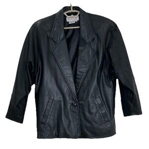 Lindsey Blake Womens Blazer Jacket S Black 100% Leather Embossed Pattern Vintage